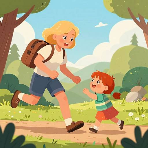 Cartoon illustration of a smiling blonde girl with a backpack and blue shorts, running with a red-haired boy in a green shirt and red skirt, in