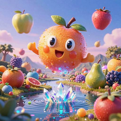 Whimsical Floating Fruit in Fantasy Landscape