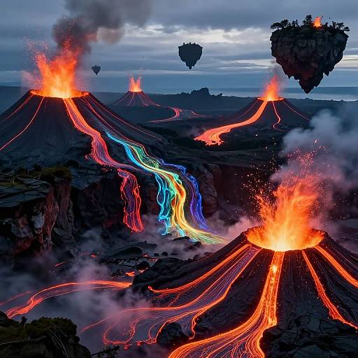 Photograph of a volcanic landscape with three erupting volcanoes, bright orange and blue lava flows, dark smoke, and floating islands in a cloudy sky