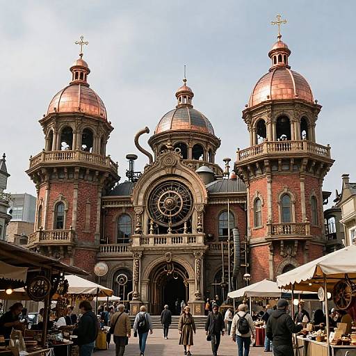 Photograph of a bustling marketplace in front of a grand, ornate brick and copper-domed clock tower building with people milling about and white market tents