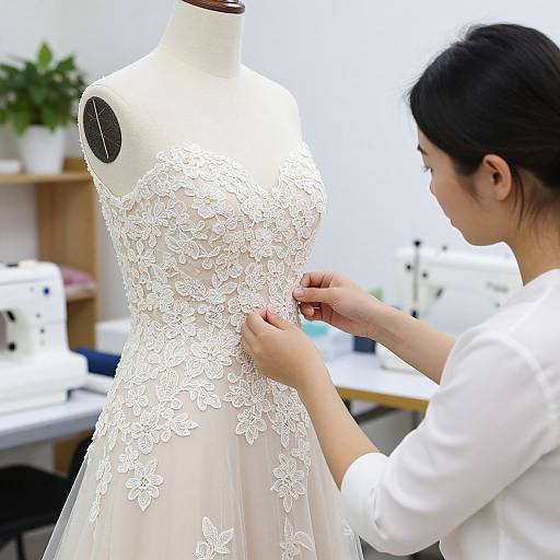 Photograph of an Asian woman in a white blouse, meticulously sewing intricate lace onto a white dress form in a bright, modern sewing studio.