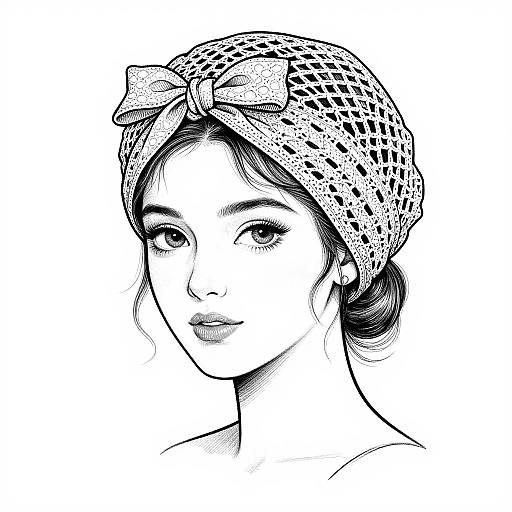 Black-and-white digital ink portrait of a young woman with a leopard-print headscarf, gentle expression, and subtle eye makeup, looking directly at the