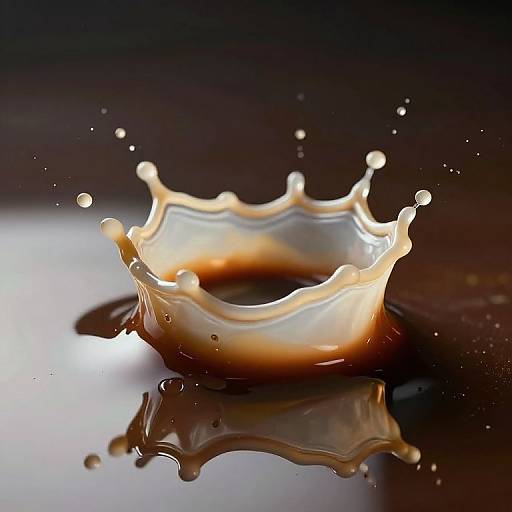 Photograph of a golden-brown liquid splash forming a crown shape on a reflective, dark background, with droplets flying outward.