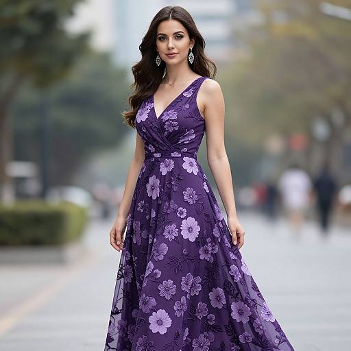 Photograph of a beautiful woman with long dark hair, wearing a sleeveless, purple floral dress, standing on a blurred city street.