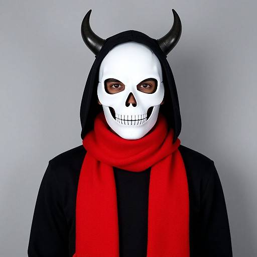 Photograph of a person wearing a white skull mask with black horns, red scarf, and black hooded cloak against a gray background.