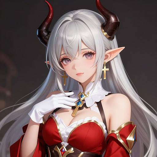 Digital anime-style portrait of a silver-haired, red-eyed demon girl with black horns, long white gloves, red and white outfit, and gold cross earrings