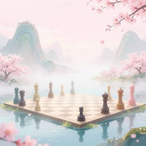 Digital illustration of a chessboard floating in a serene, reflective pond surrounded by cherry blossom trees and misty mountains.