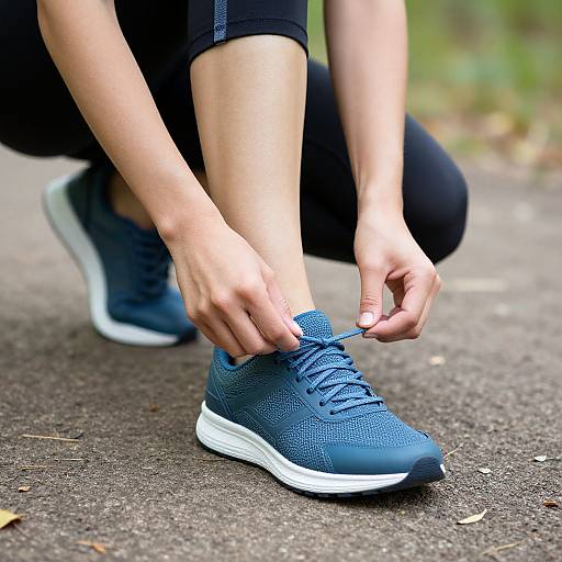 Photograph of a person with light skin, wearing black leggings and blue athletic shoes, tying laces while squatting outdoors on a paved path.
