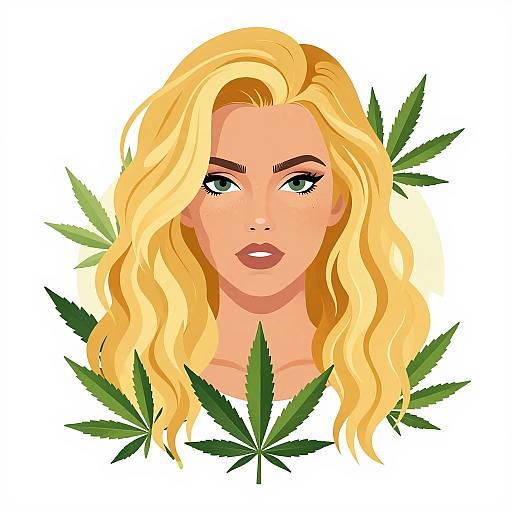 Digital illustration of a blonde woman with wavy hair, green eyes, and red lips, surrounded by cannabis leaves, against a white background.