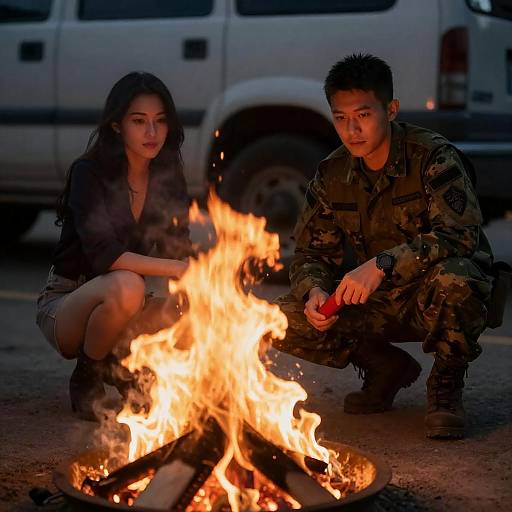 Crouching Couple Beside Urban Blaze
