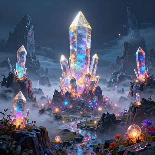 Digital fantasy artwork of glowing, rainbow-colored crystal spires amidst a misty, rocky landscape with vibrant flowers and floating orbs.