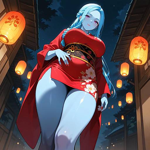 Blue-Skinned Kimono Beauty at Night