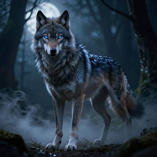 Digital artwork of a glowing blue-eyed wolf with intricate black tattoos standing in a misty, moonlit forest. The wolf's fur is detailed with realistic