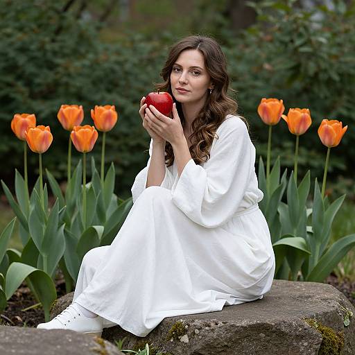 Photograph of a brunette woman in a white dress, sitting on a rock, holding a red apple among vibrant orange tulips.