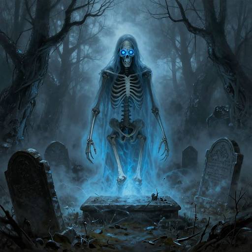 Digital illustration of a glowing blue skeletal figure with eerie blue eyes, standing on a grave in a dark, foggy, haunted forest surrounded by crumbling tomb