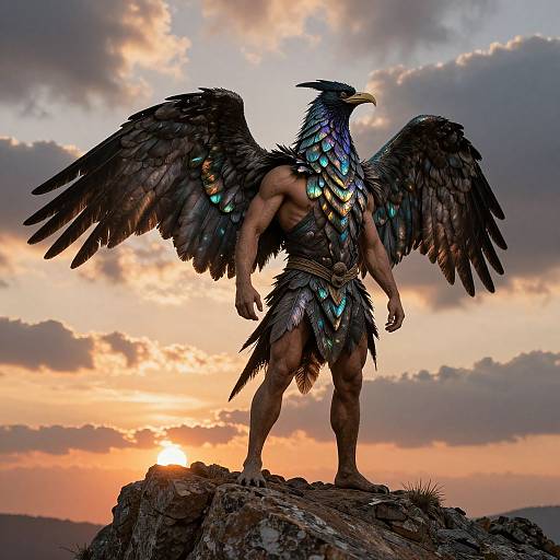Muscular mythological creature with black feathered wings, blue iridescent feathers, and a yellow beak, stands on a rocky cliff at sunset