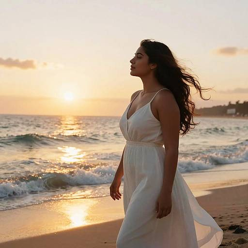 Photograph of a woman with long, wavy dark hair in a flowing white dress, walking along a sunlit beach at sunset.