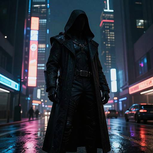 Silhouetted figure in dark hooded trench coat stands in neon-lit, rainy urban street at night, surrounded by glowing billboards. Digital