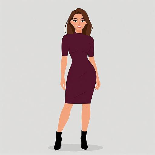 Digital illustration of a smiling woman with straight brown hair, wearing a short-sleeve, form-fitting dark purple dress and black ankle boots, standing