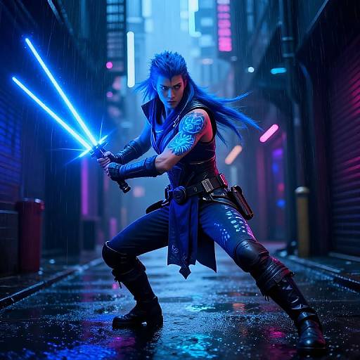 Digital artwork of a blue-haired, tattooed warrior in a neon-lit, rainy alleyway, wielding a glowing blue lightsaber, wearing black leather