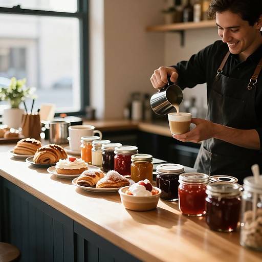 Photograph of a smiling male barista in black apron pouring coffee from a metal pitcher into a cup on a wooden counter, surrounded by pastries