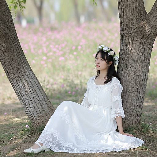 Photograph of an Asian woman with black hair, wearing a white lace dress and flower crown, sitting against a tree in a sunlit meadow with
