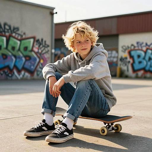 Photograph of a young blonde boy with curly hair, wearing a gray hoodie, blue jeans, and black sneakers, sitting on a skateboard in a sun