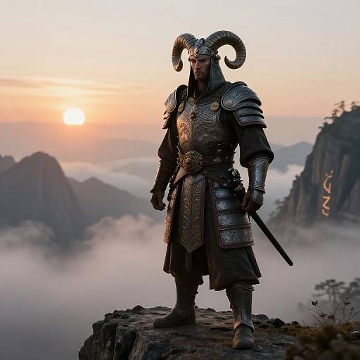Photorealistic digital artwork of a muscular warrior in ornate, silver armor with ram horns, standing on a rocky cliff at sunrise, overlooking misty