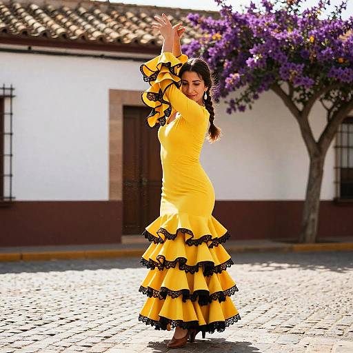 Photograph of a Latina woman in a bright yellow, ruffled flamenco dress with black trim, dancing outdoors in a sunlit, cobblestone