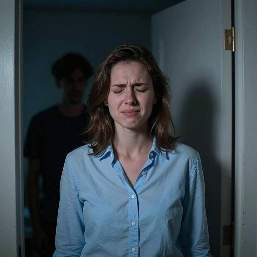 Woman in Pain with Shadowy Figure Behind