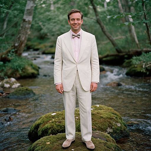 Photograph of a smiling man in a white suit and bow tie standing on mossy rock in a forest stream.