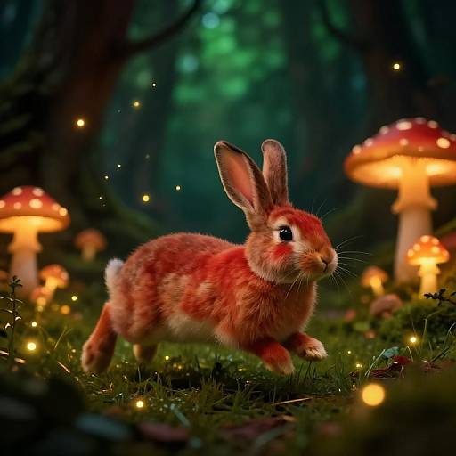Photograph of a red, fluffy rabbit with upright ears running through a magical forest illuminated by glowing mushrooms and fireflies.