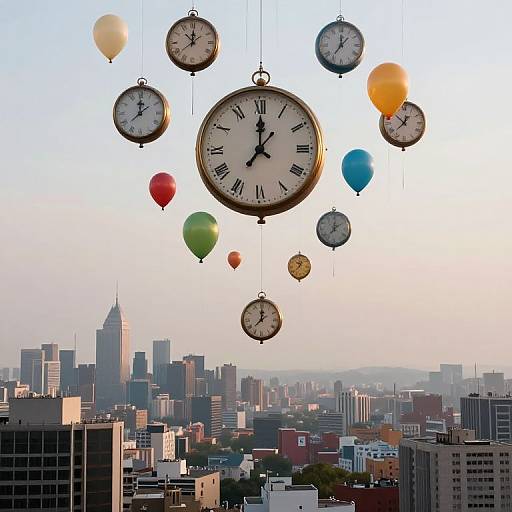 Photograph of cityscape with floating clock faces and colorful balloons against a blue sky, featuring a distant skyline with tall buildings.