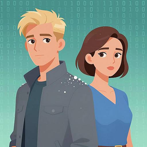Digital Illustration of Two Serious People with Binary Code Background