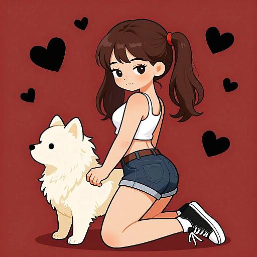 Anime-style digital drawing of a girl with brown pigtails, white tank top, denim shorts, and black sneakers, kneeling beside a fluffy white dog