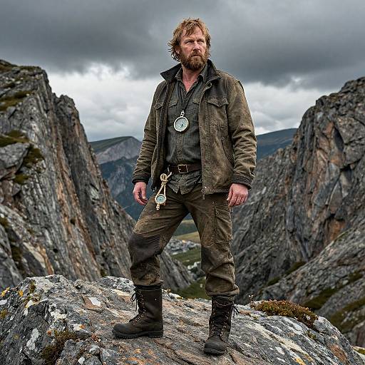 Photograph of a rugged, bearded man with tousled hair, wearing a brown jacket and pants, standing on a rocky mountain peak under a cloudy
