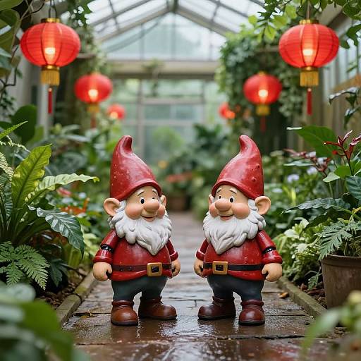 Photograph of two red-hatted gnome figurines standing on a wet, plant-filled greenhouse path with red lanterns hanging above.