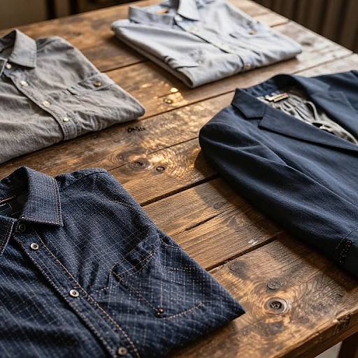 Photograph of four folded, button-up shirts in gray and navy denim, placed on a rustic, wooden table with visible grain and knots.