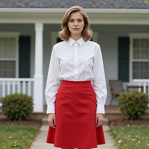Photograph of a young woman with medium-length brown hair, wearing a white blouse and red high-waist skirt, standing in front of a blue