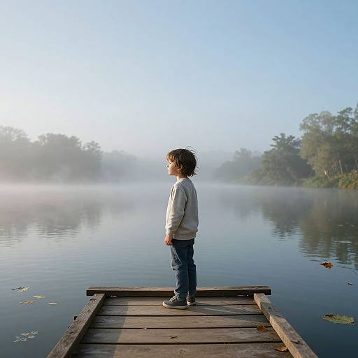Curious Boy on Misty Lake Bridge