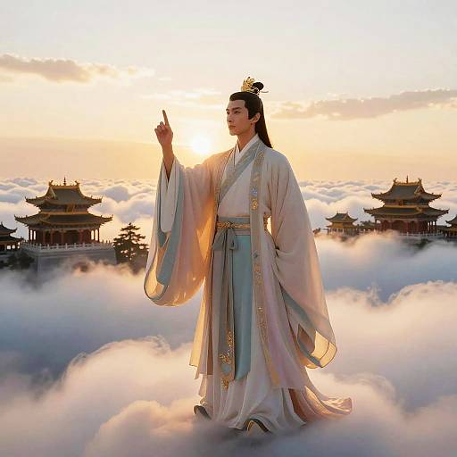 Digital artwork of a serene Asian woman in traditional white and blue kimono, standing on clouds, raising her index finger, with ornate pagodas
