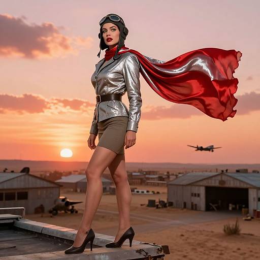 Digital art of a confident woman in a silver jacket, red scarf, brown skirt, and black heels, standing on a rooftop at sunset, with an