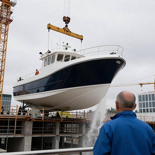 Fishing Boat Lifted by Crane Over Construction Site