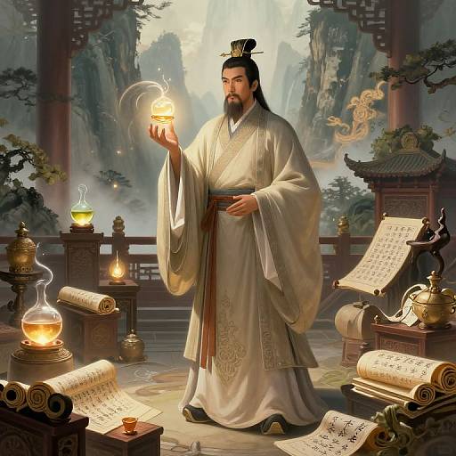 Digital illustration of a bearded Asian man in traditional white robes, holding a glowing orb, surrounded by ancient scrolls and lanterns in a mystical, mountain