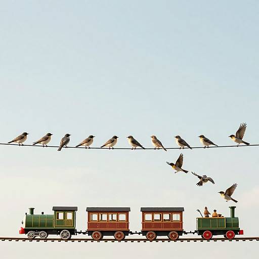 Illustration: Colorful train with red and green cars, black and white birds perched and flying above, on a white background.