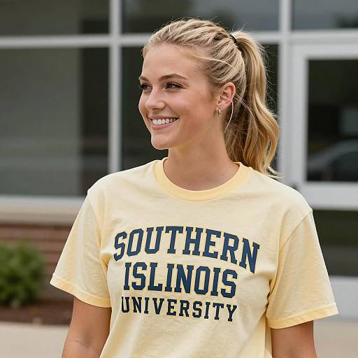 Smiling Blonde Woman in Southern Illinois University T-shirt