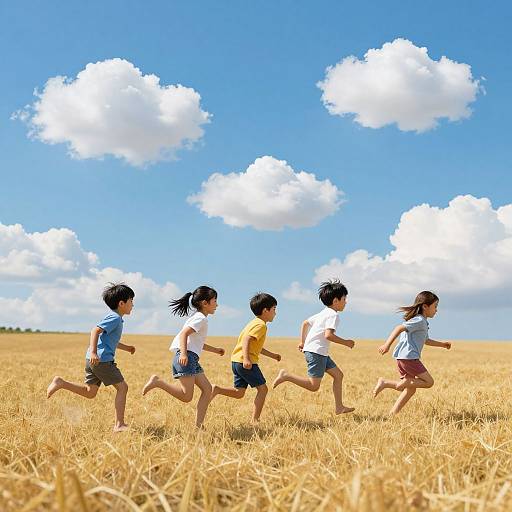 Photograph of five Asian children running in a golden wheat field under a bright blue sky with fluffy white clouds.