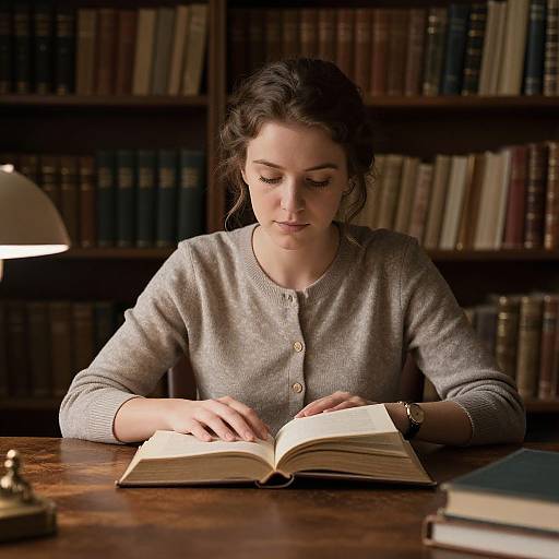Photograph of a focused young woman with dark hair, wearing a gray cardigan, reading an open book at a wooden desk in a dimly lit