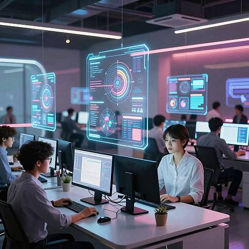 Photograph of a modern tech office with neon blue and pink illuminated holographic screens, diverse employees working on computers, and white desks with small potted