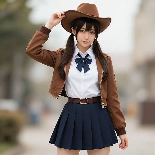 Anime-style photograph of a young woman with black hair in pigtails, wearing a brown jacket, white shirt, navy bowtie, black skirt,
